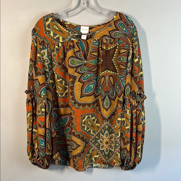 Chico's Womens Multicolor Paisley Blouse Sz 3/XL Medallion Print Bishop Sleeve - Picture 5 of 15